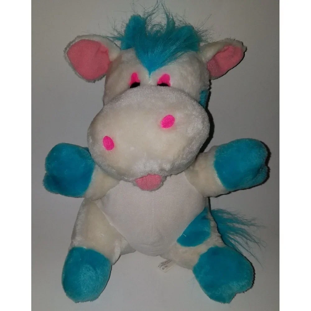 VTG Cow Horse Hippo Plush Stuffed Animal Blue White Pink Wonder Toys 1994 Lovey